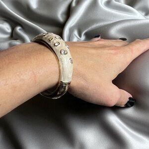 Vintage Gold-Tone Cream Enamel Clamper Bangle with Rhinestones